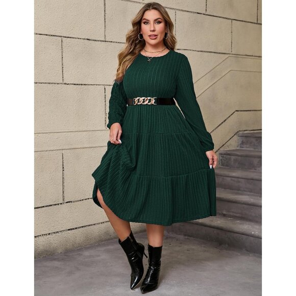 Women Plus Size Knit Sweater Dress Winter Midi with Belt Long Sleeves - Picture 3 of 6
